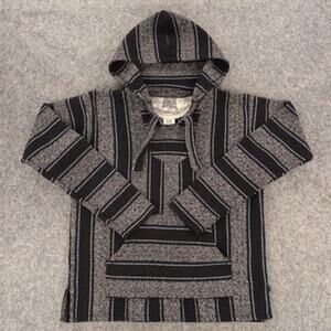 Senor Lopez Hoodie Mens Small Black Gray Striped Pullover Baja Kangaroo Pocket